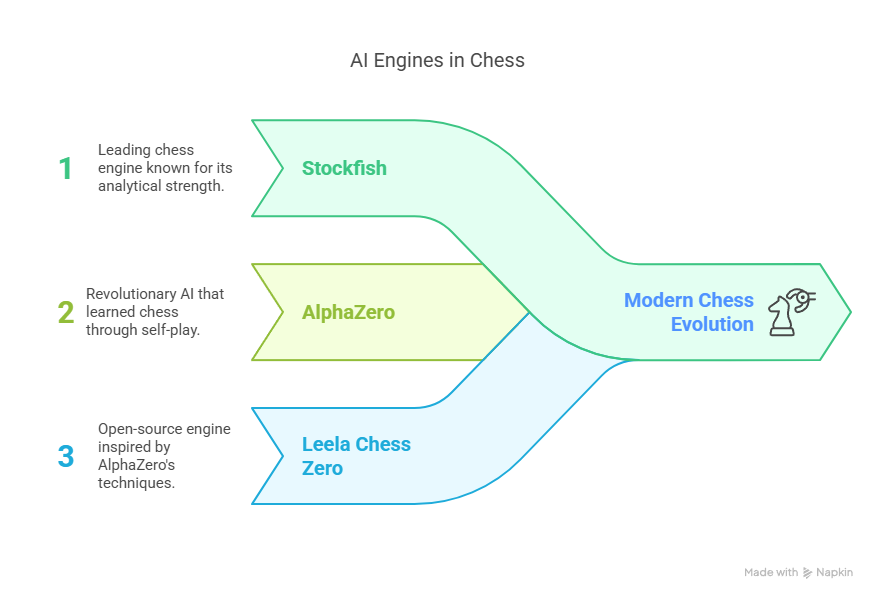 Diagram showing how Stockfish, AlphaZero, and Leela Chess Zero contribute to modern chess evolution