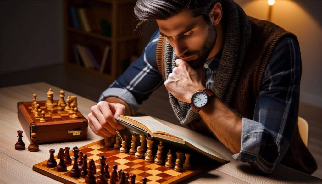 A chess player studying a chess book