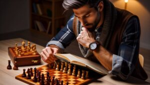 A chess player studying a chess book