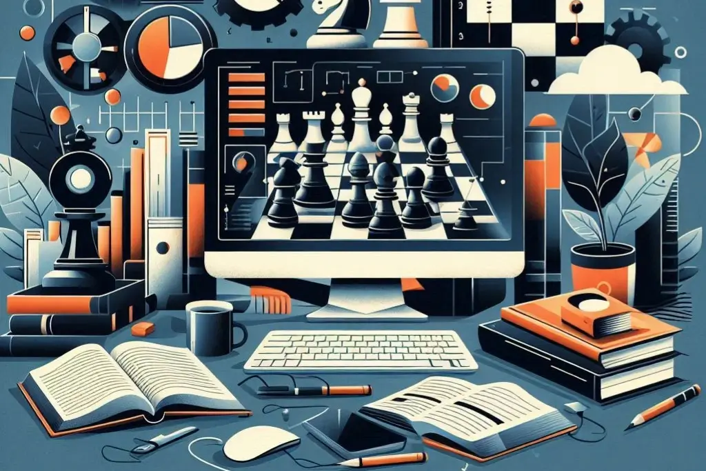 Illustration showing studying chess endgames using books and digital tools