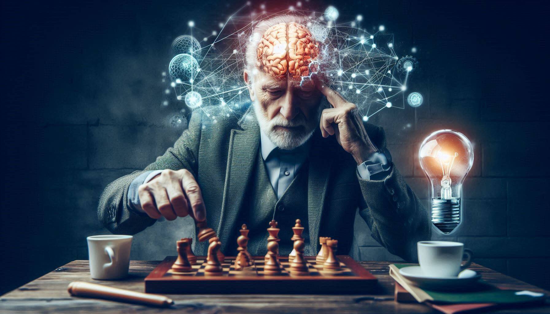 Elderly man intensely playing chess with a glowing brain and neural network visualization, symbolizing cognitive development and the potential of chess to boost IQ and mental sharpness