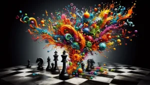 A dramatic explosion of colorful shapes and abstract forms bursting from a chessboard, symbolizing the fusion of strategy and imagination in chess