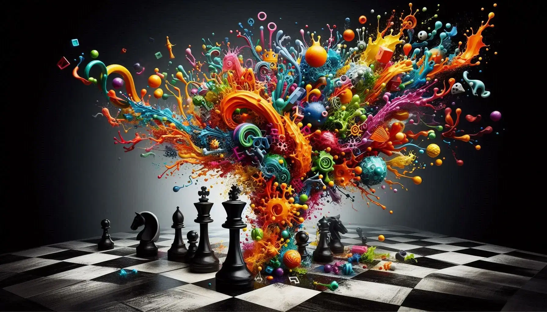 A dramatic explosion of colorful shapes and abstract forms bursting from a chessboard, symbolizing the fusion of strategy and imagination in chess