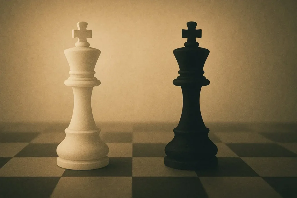 White king and black king facing each other on a chessboard, symbolizing endgame study in chess