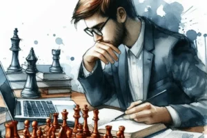 How to study chess openings from a book, with a chessboard, books, and a laptop on the table
