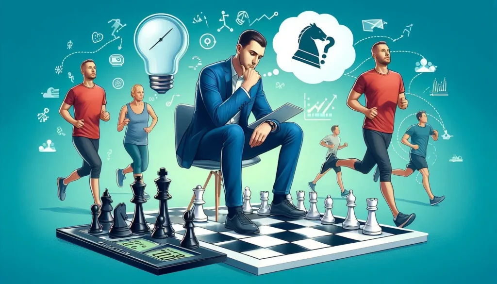 A person thinking about chess with runners in the background, symbolizing how mental effort in chess can also burn calories