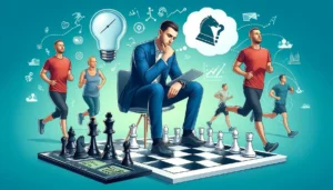 A person thinking about chess with runners in the background, symbolizing how mental effort in chess can also burn calories
