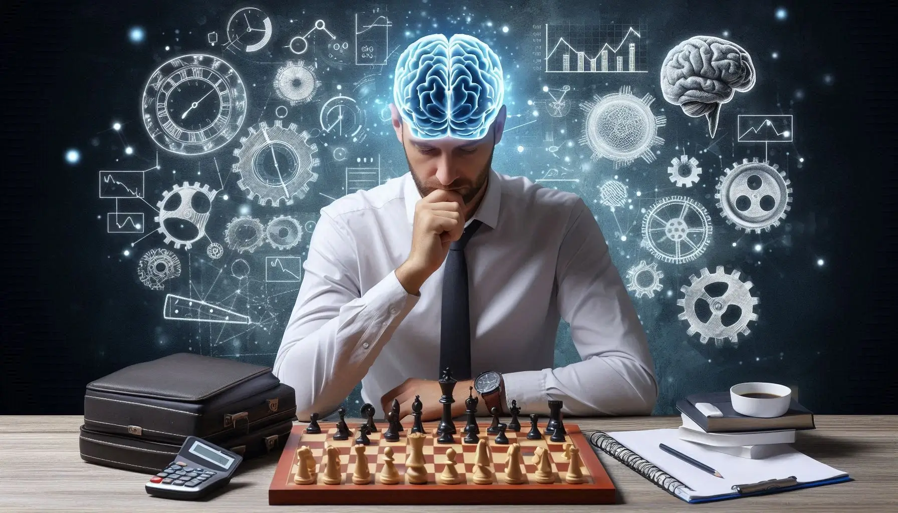 A focused chess player deep in thought at a chess board, illustrating mental effort and calorie burn in chess