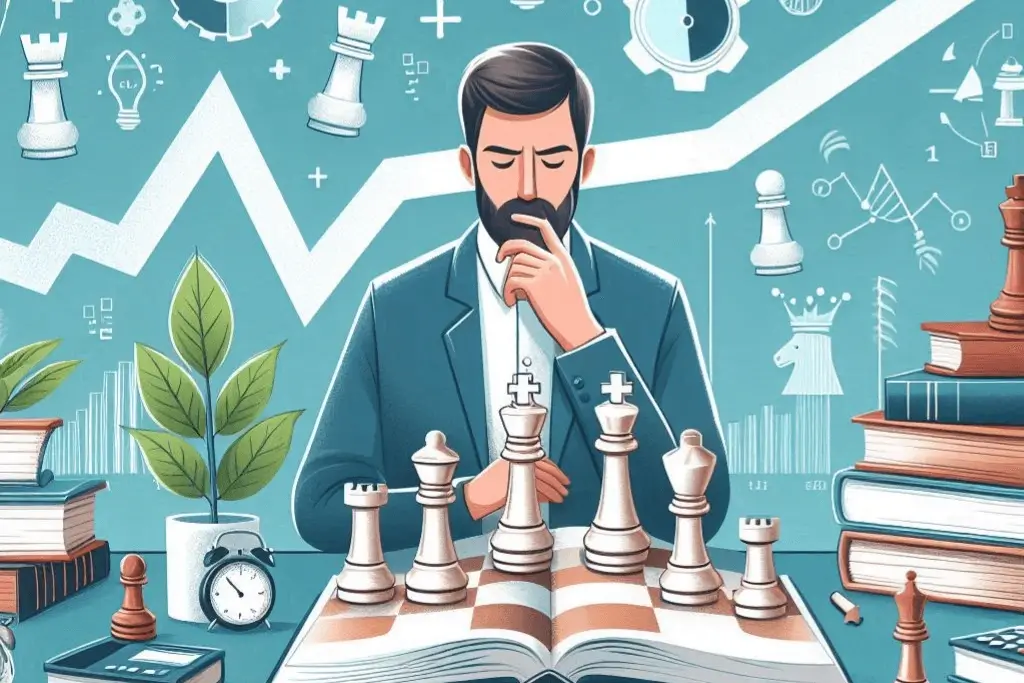 Man reading a book with chess pieces illustrating improving at chess