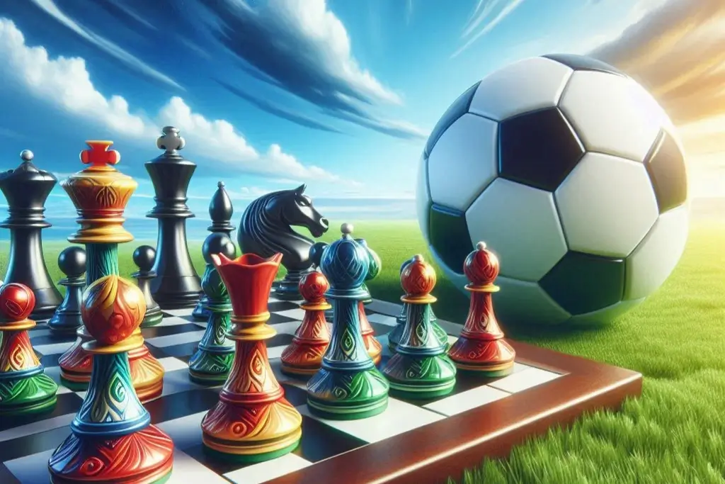 Chessboard with pieces and a soccer ball side by side, illustrating the debate on whether chess is a sport