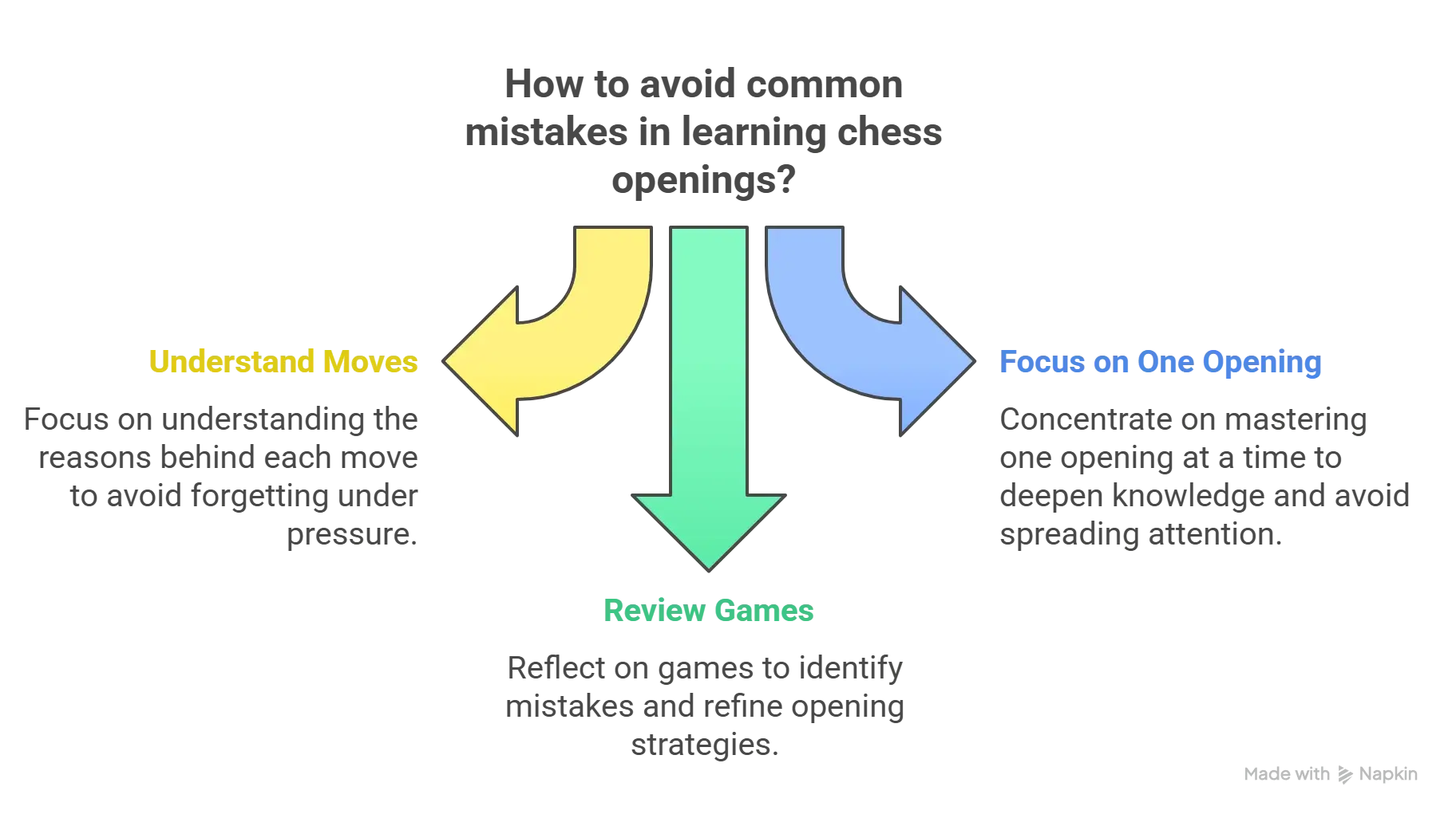 Infographic showing three tips to avoid mistakes in learning openings: understand moves, review games, and focus on one opening