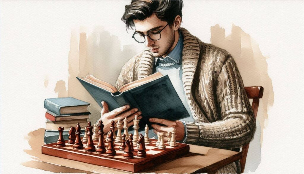 A young man studying a chess book with a chessboard in front of him, symbolizing self-taught chess learning