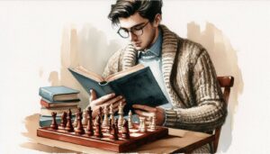 A young man studying a chess book with a chessboard in front of him, symbolizing self-taught chess learning