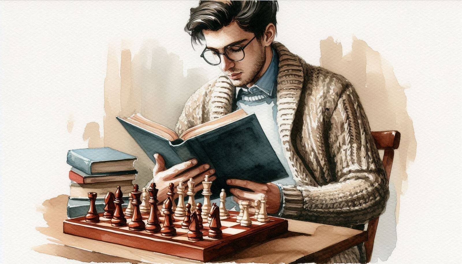 A young man studying a chess book with a chessboard in front of him, symbolizing self-taught chess learning
