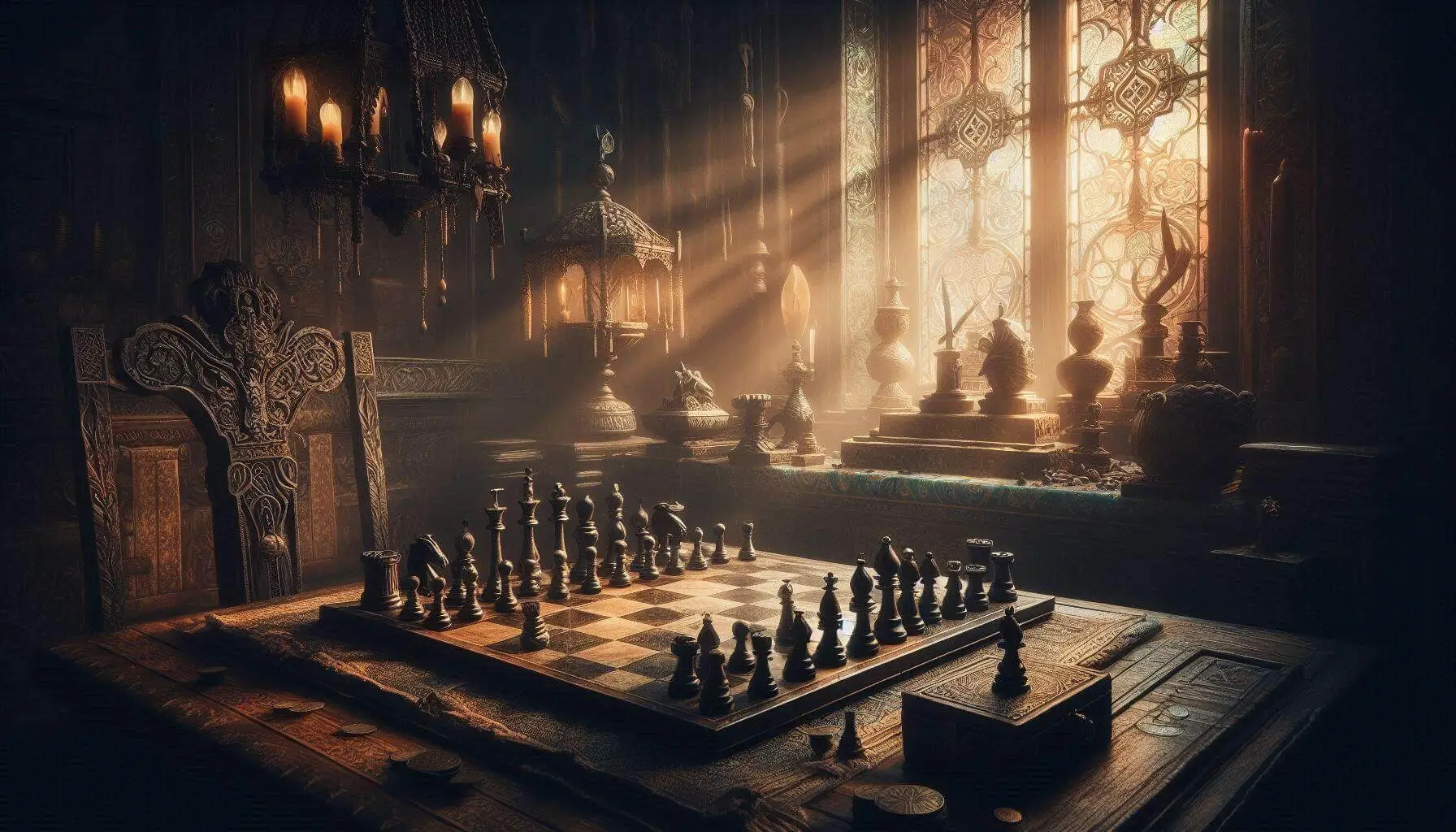 An ancient chess set displayed on a historical map, symbolizing the origins of chess in India and its early spread through Persia and the Islamic world