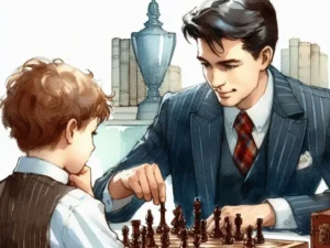 Chess coach and student seated at a table, focused on a chessboard between them.
