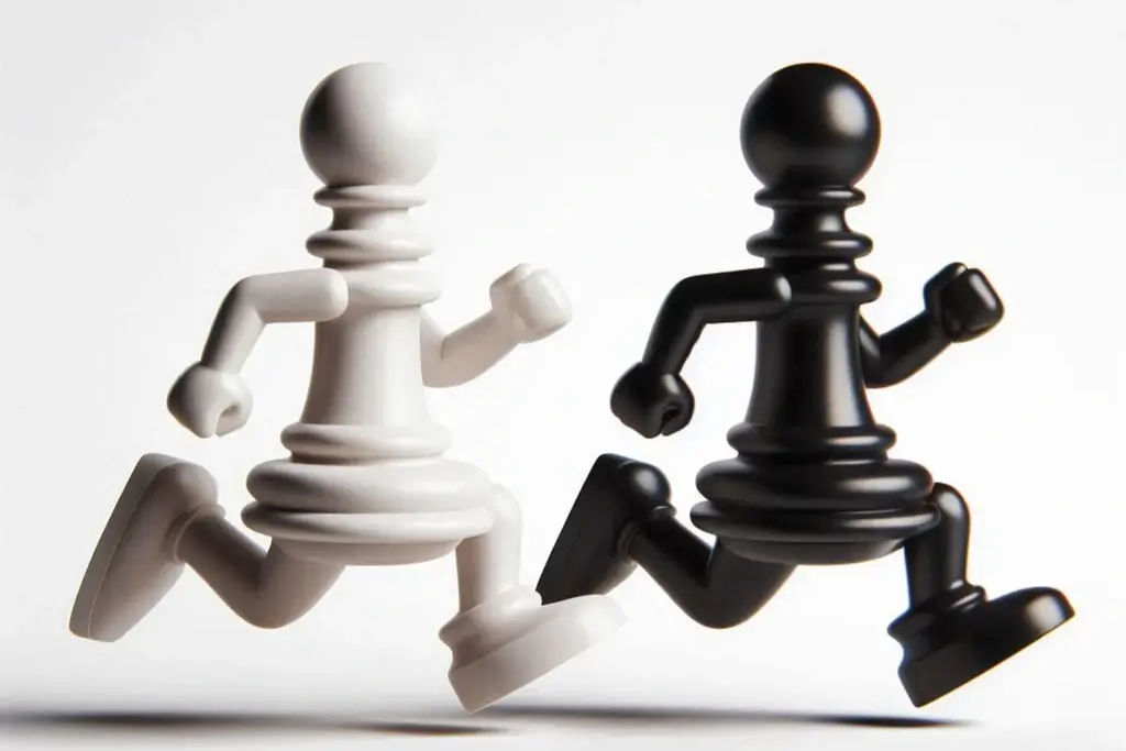 Two pawns running to reach the other side of the board illustrating the idea of pawn promotion